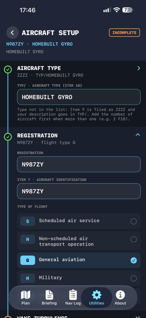 Aircraft setup with a ZZZZ type and TYP/ description