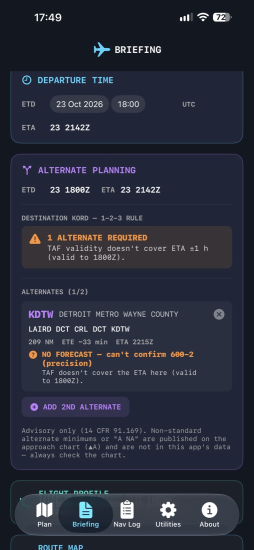 Alternate planning card showing one alternate required