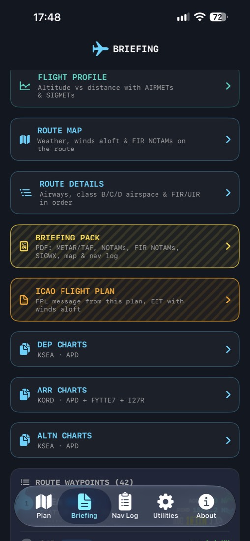 Briefing buttons for flight profile, route map, briefing pack, ICAO flight plan and charts