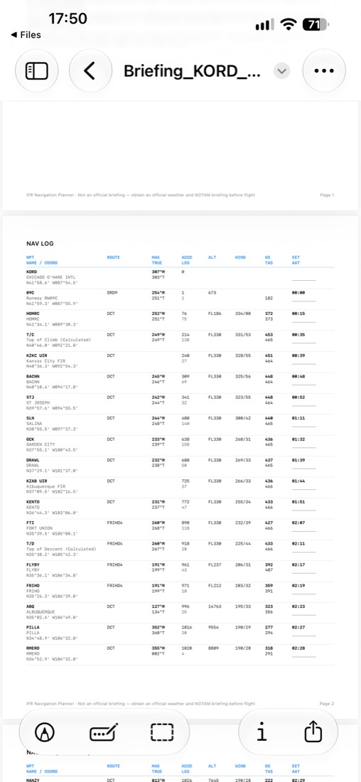 Briefing pack PDF nav log page