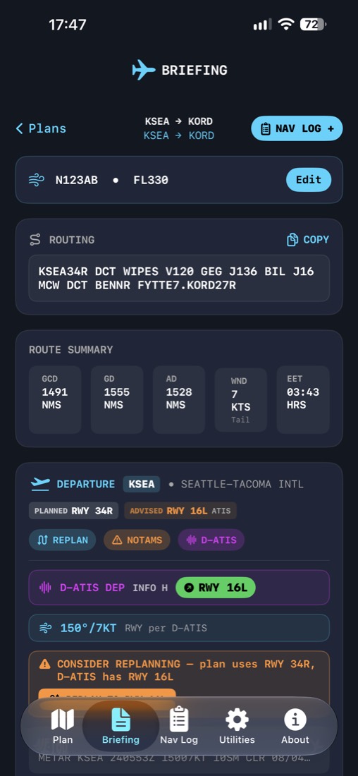 Briefing screen with route summary and departure weather