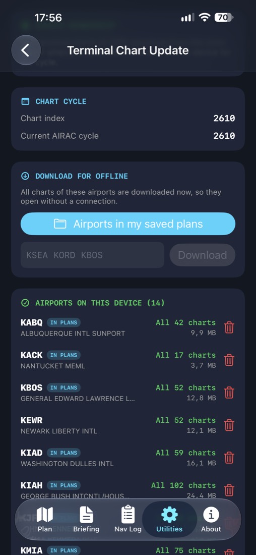 Terminal Chart Update with chart cycle and downloaded airports