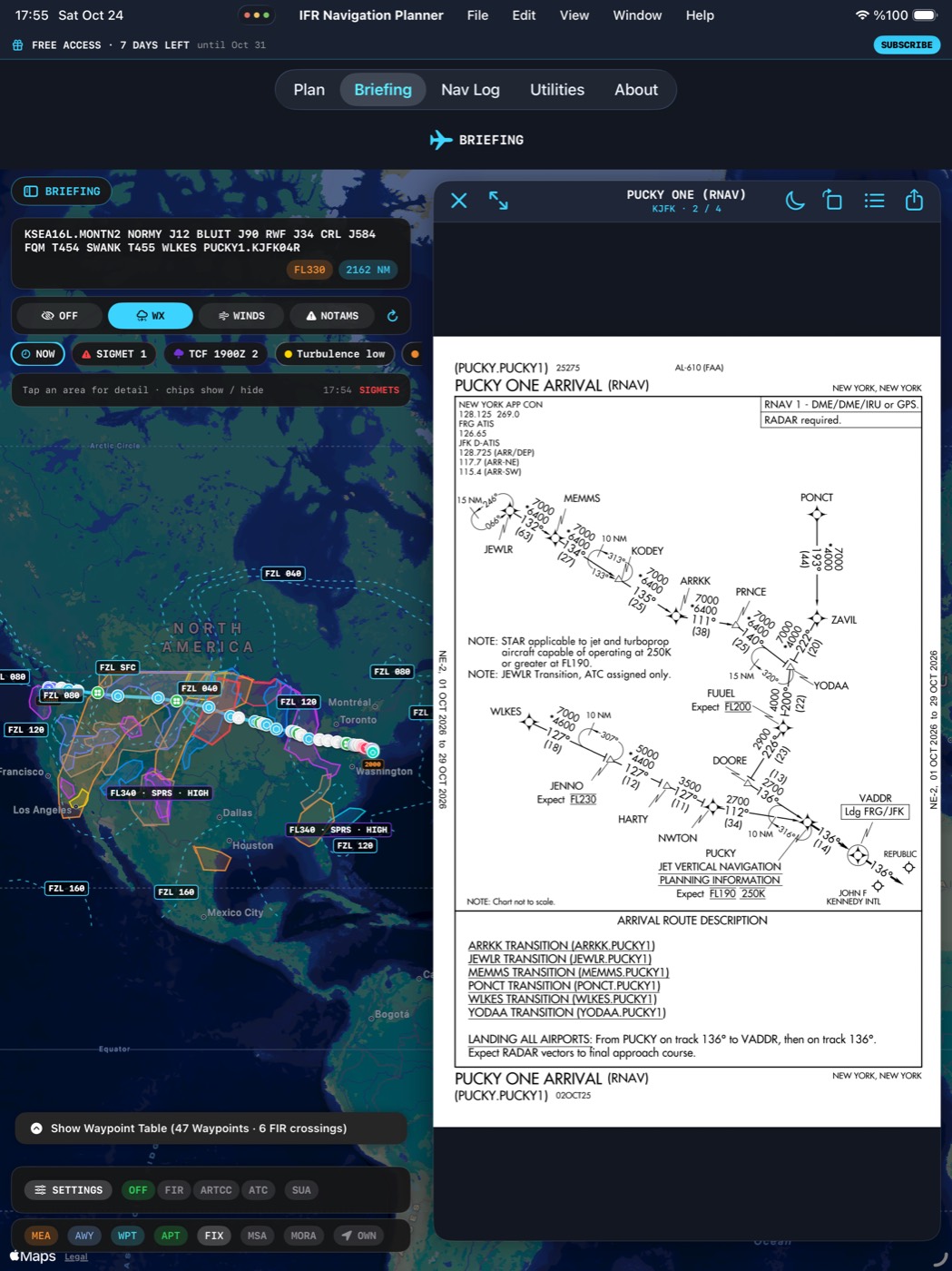 iPad briefing with the PUCKY ONE arrival chart open
