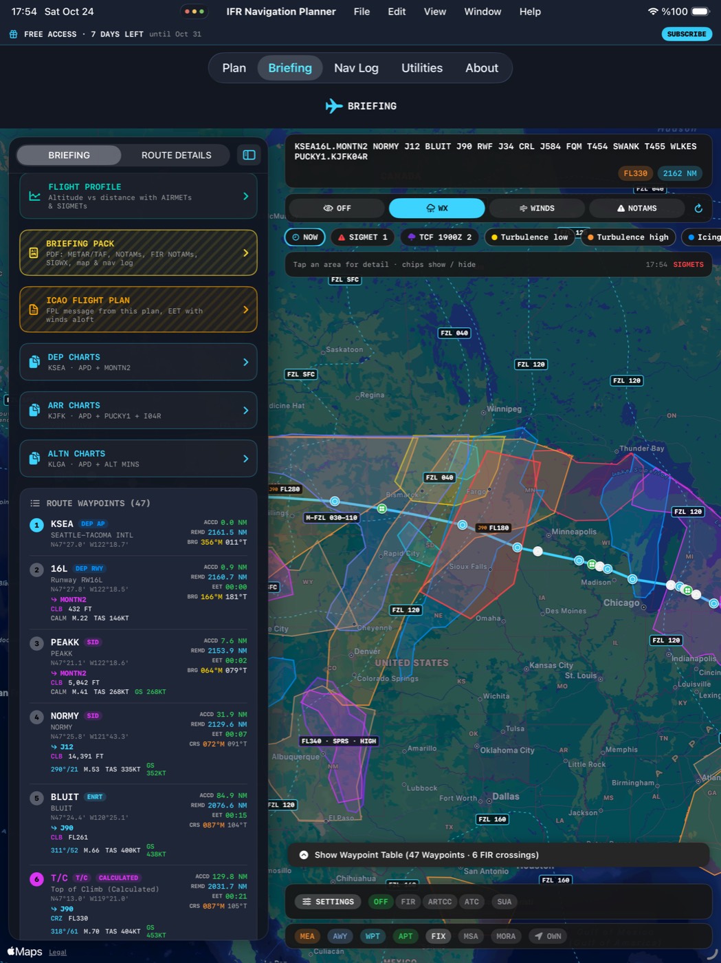 iPad briefing with route map and weather layer