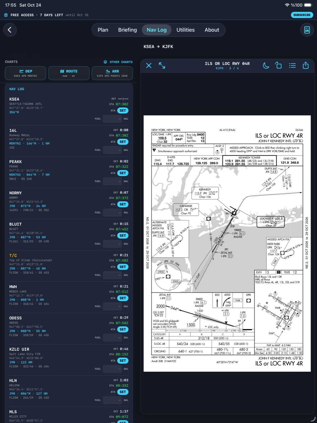 iPad Nav Log with the ILS 4R chart in the side panel