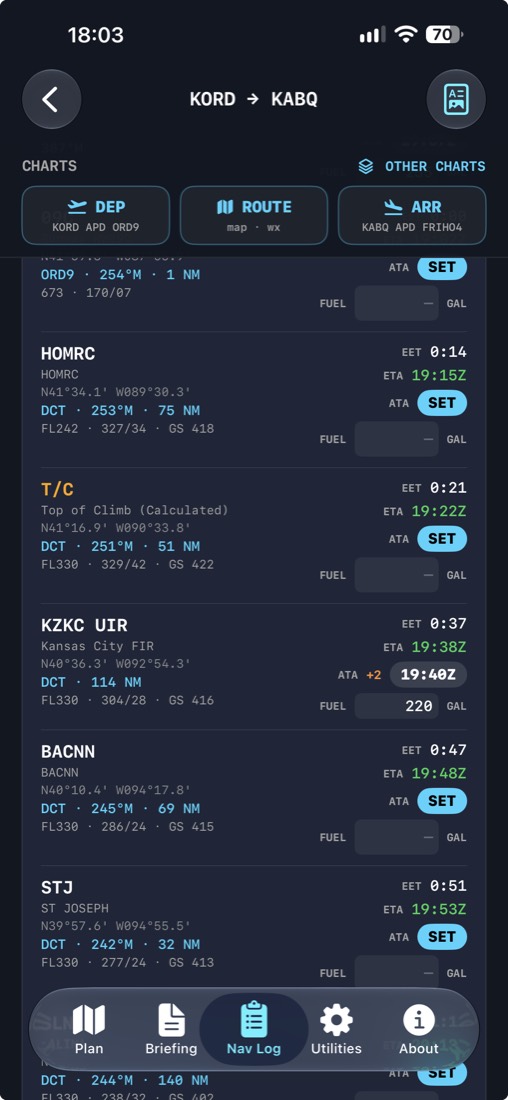 Nav Log row with an ATA two minutes late and fuel remaining