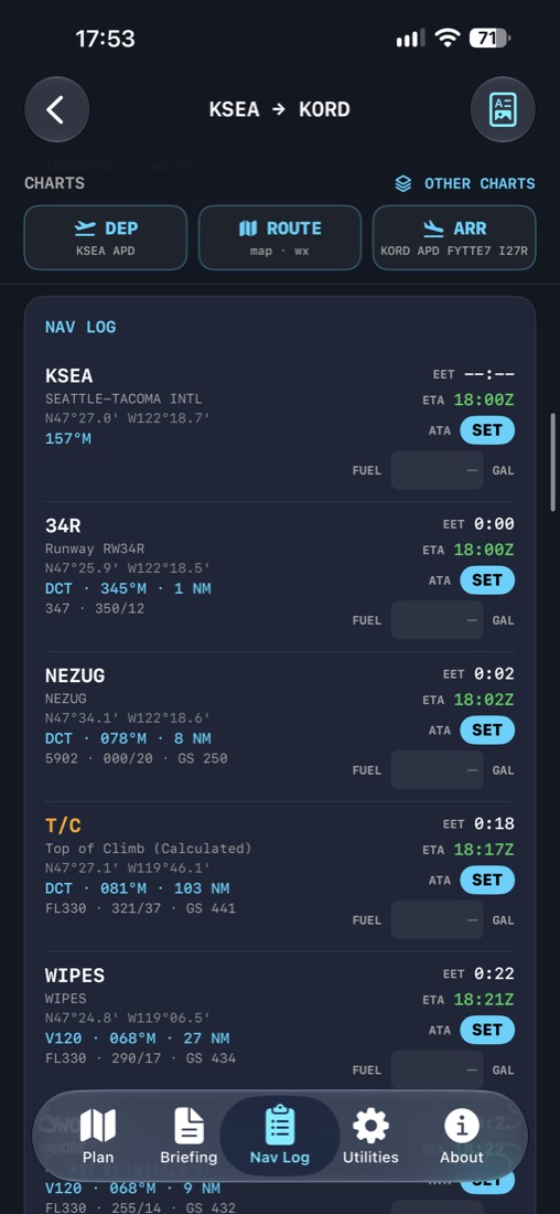 Nav Log rows with EET and ETA