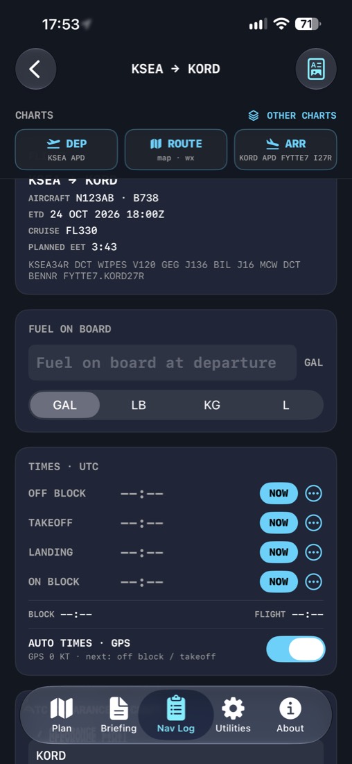 Nav Log with charts bar, fuel on board and times