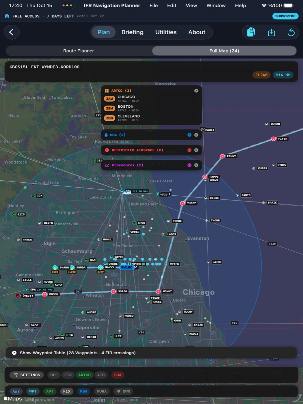 iPad full map: Boston to Chicago route with ARTCC, MSA and procedure layers
