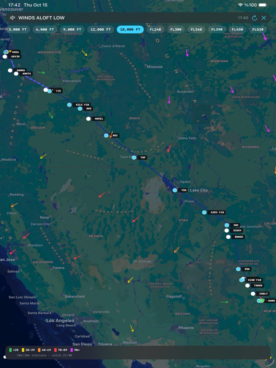 iPad winds aloft map along the route