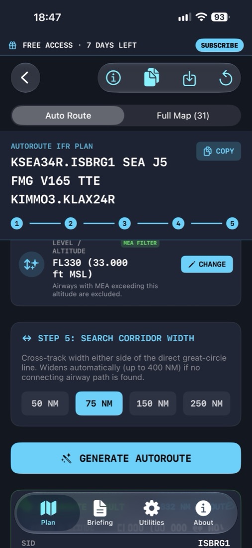 Auto Route screen