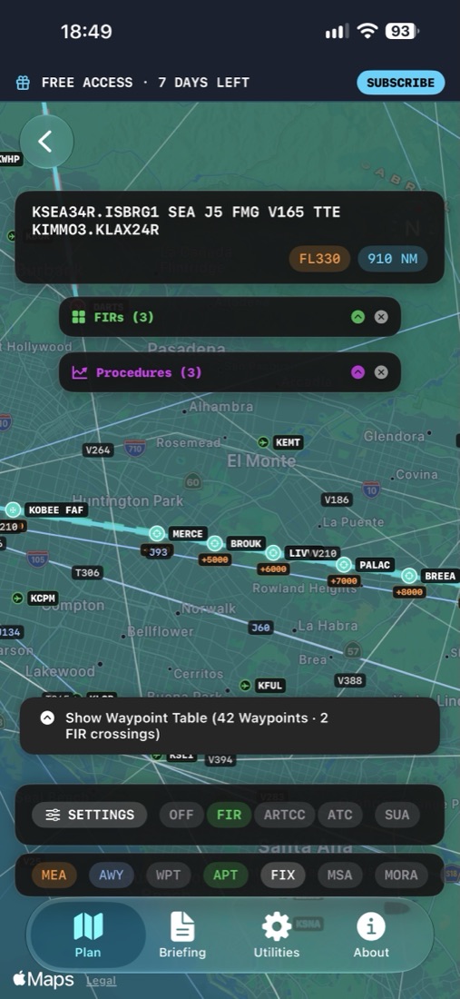 IFR Navigation Planner route on the map