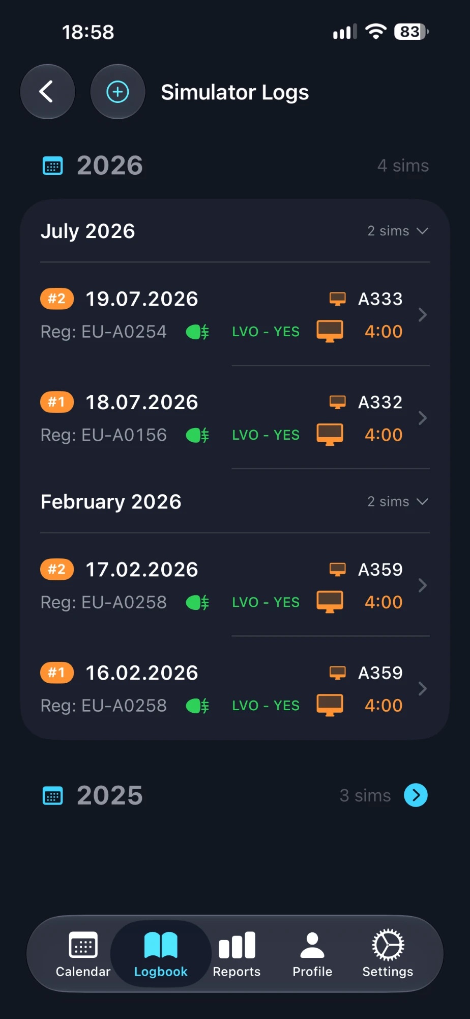 Simulator logs screen