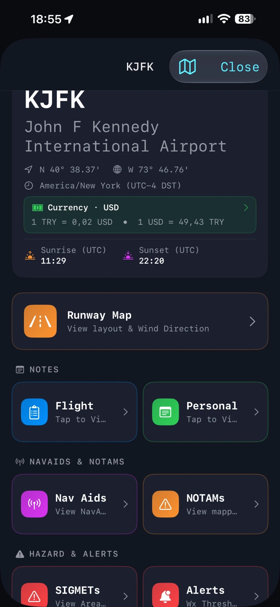 Airport overview screen