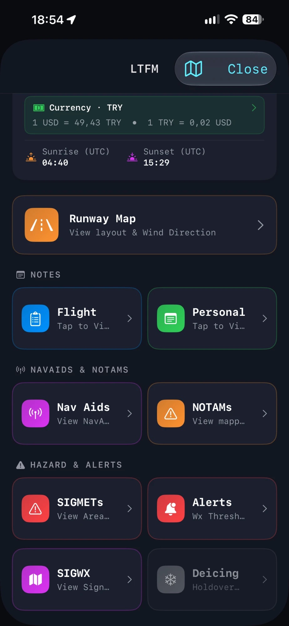 Airport toolbox screen